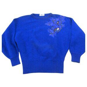 Deluxe Sweater Womens Blue Beaded Sequin Floral Lightweight Dolman Sleeve Knit